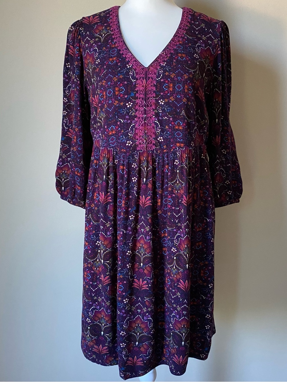 J.Jill East Village Floral Embroidered Dress Petite XS Spiced Plum 3/4 Sleeve